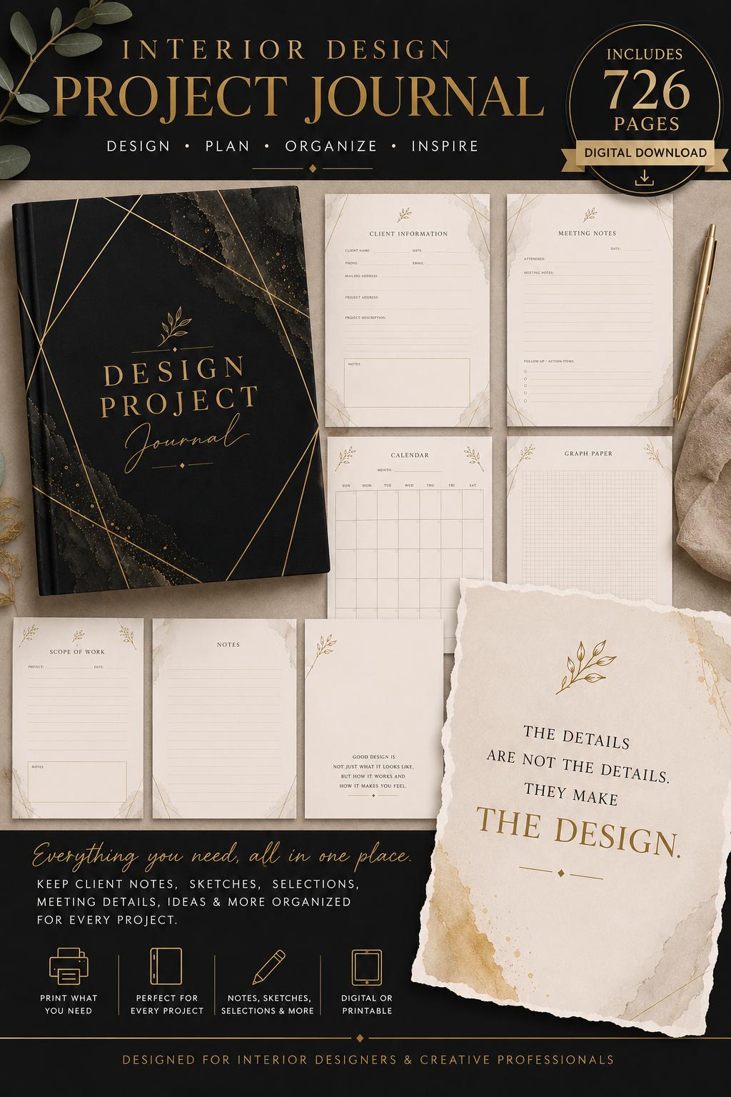 Interior Design Project Journal | Printable Interior Designer Client Planner & Project Workbook | PDF Digital Download